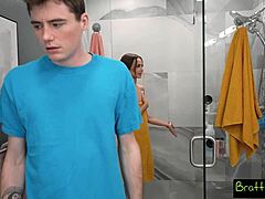 Shy stepbro gets seduced by Nikki Nicole for a deepthroat blowjob and facial cumshot in steamy shower.