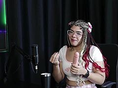 She feels aroused by interested people tasting milk kissing the presenter and showing blowjob skills - Sofie Lollipop transsexual in sheer red lingerie.