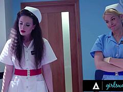 Hey, head nurse Sarah Vandella and her assistant team up to fuck patient Whitney Wright hard in this retro hospital threesome with scissoring and rimjobs
