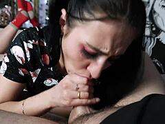 Naughty Brunette Stepsis In Pajamas Sucks Huge Cock! She Gags And Swallows Mouthful Of Cum In Bedroom.