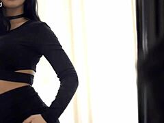 Brunette babe in funeral veil costume gives cum in mouth blowjob to girlfriend during cosplay