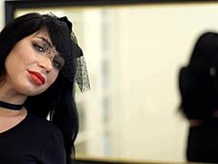 Brunette babe in funeral veil costume gives cum in mouth blowjob to girlfriend during cosplay