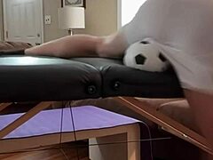 Bodybuilder performs intense groin stretch in tight spandex shorts using mini soccer ball on stool and table. Slowed-down time lapse captures every muscular movement and detail.
