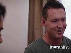 french tranny with piercings and tan skin licks balls before doggystyle bareback with boyfriend's friend