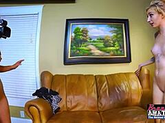 I watch petite blonde Olyssia and curvy coed Bailey share this hard cock for deepthroat blowjob and swallow cumshot in pov