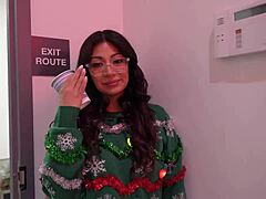 Big titty Latina coworker deepthroats monster cock at office Christmas party, then bends over desk for doggystyle pounding and facial cumshot.