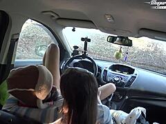 Lili Charmelle stops the car for a quick behind-the-scenes blowjob handjob cowgirl riding creampie in outdoor brunette fun.