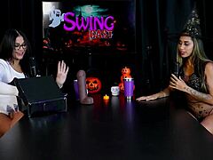 i feel so naughty showing off my boobs and pussy in this halloween sheer lingerie game with swingers