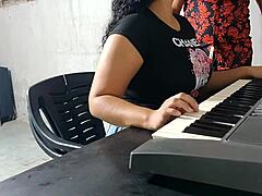 Colombian brunette babe gets punished by her keyboard teacher with bent over doggystyle fucking and cumshot in classroom.