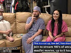 the asian nurse blaire celeste in latex gloves and uniform gets POV blasted with JIZZ during hospital patient scene