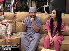 the asian nurse blaire celeste in latex gloves and uniform gets POV blasted with JIZZ during hospital patient scene