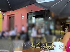 Public nudity casting with Nora Martin flashing big ass before doggystyle fucking and deepthroat in Seville outdoor scene