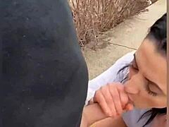 Big cock pulls sperm from Latina pussy in doggystyle. Bent over, she eats mouthful from ass.