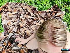 Amateur mature Russian couple in lingerie starts with blonde blowjob and deepthroat in the forest, moving to wet pussy fucking doggystyle on nature trail with natural tits bra fetish.
