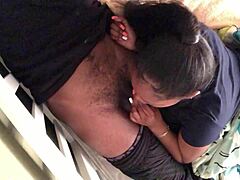 exploring natural head with deepthroat licking and sloppy sucking on tits