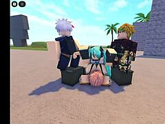 Roblox character Miku appears in a group setting.