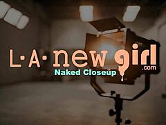 Enchanting brunette beauty shows her sexy body on sofa during casting interview with petite teen vibe