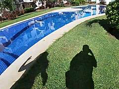 Friends head to the pool first then enjoy riding with huge natural tits and curvy bbw body