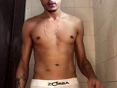 Thick cock novice jerks off in shower
