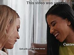 Anna Claire Clouds and Ameena Green turn first-time fears into lesbian cunt licking orgasm