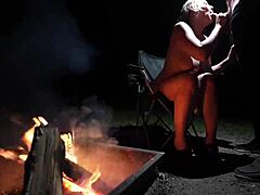 naked curvy beauty in forest sucking cock wildly!