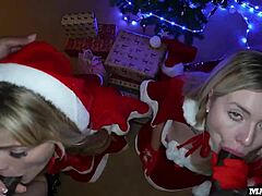 two beautiful christmas mothers blonde fucked in anal under the tree! and dp on a piano!