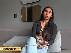 Slim Latina model acts coy during casting interview but soon rides huge monster cock in hardcore fucking session