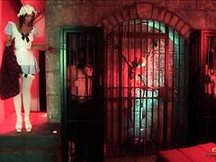 two demons break from cages and fuck brunette in white stockings with anal blowjob