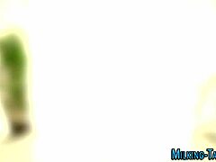 Massage therapist starts licking the blonde babe in lingerie and heels for a gloryhole handjob cumshot