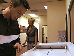 blonde milf cougar stuffs shaved pussy with big cock deep in heels