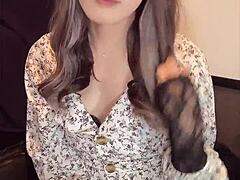 Cute ladyboy masturbates quietly in one-piece dress