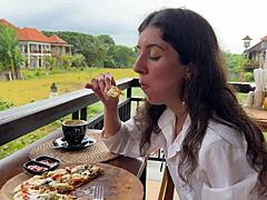 Cum-Faced Girl Swallows Load While Eating Pizza in Cafe