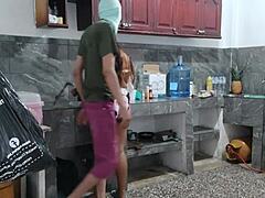 busty maid masturbates in kitchen prepping dinner