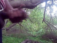 guy blasts thick cumshot deep in forest trees outdoors