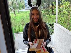 innocent braces brunette bunny flashes tits to sell cookies next door