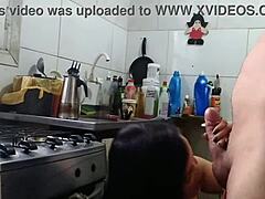 brunette latina milf sucks monster cock before kitchen creampie chores