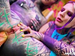 Two tattooed goth lesbians gape shaved assholes with huge anal toys to real orgasms
