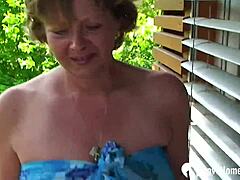 busty mature milf spreads shaved pussy wide for outdoor fingering closeup tease
