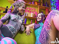 Two tattooed goth lesbians gape shaved assholes with huge anal toys to real orgasms