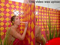 Blonde babe fucks tight pussy with huge anal dildo in bathroom 💦🛁😩