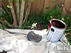 Shaved Teen Sucks Boyfriend's Cock in Outdoor POV