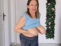 Busty Braless GILF Mariaolds Sporty Strip Dance