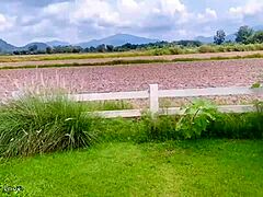 skinny japanese student slut baths in rice field creampie