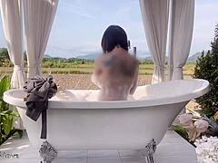 skinny japanese student slut baths in rice field creampie