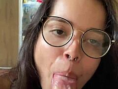 Nerdy Big Tits Brunette Deepthroats Wellington Prado's Huge Cock Mirror POV!