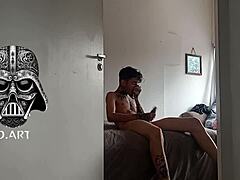 Hidden cam spots gym guy sniffing blonde's sweaty panties and jerking off