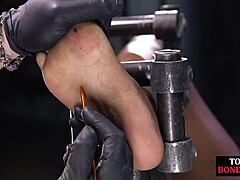 Bound Black Slave Chokes on Dildo Feet! Ebony Gagging in Stockings Toes Domination