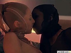 Erotic lesbian mistress straps on for girlfriend's nylon panty fetish lick