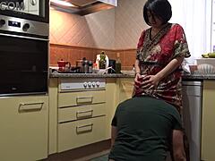 hey stepson, get over here and lick mommy's wet pussy right in the kitchen now