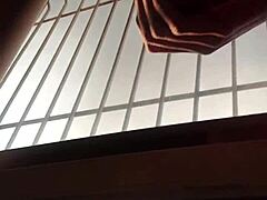 whoa hot guy with big dick jerks off publicly by the window